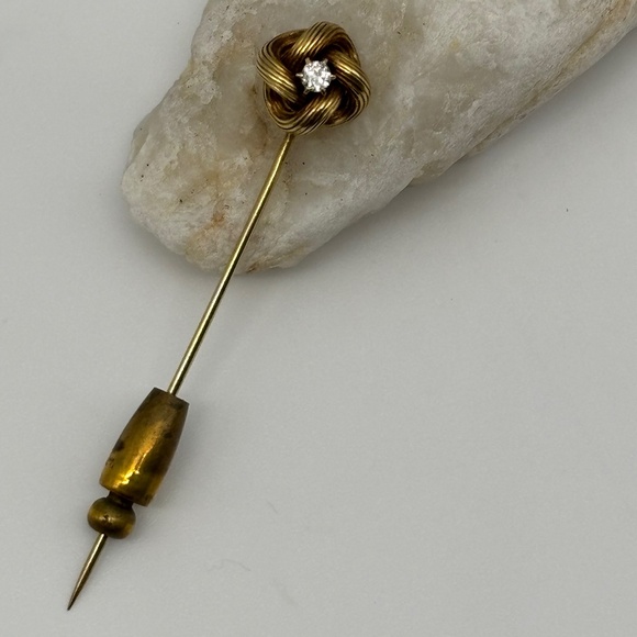 Jewelry - Antique 14 Karat Gold & Diamond Love Knot Stick Pin, with a Screw Stopper Marked